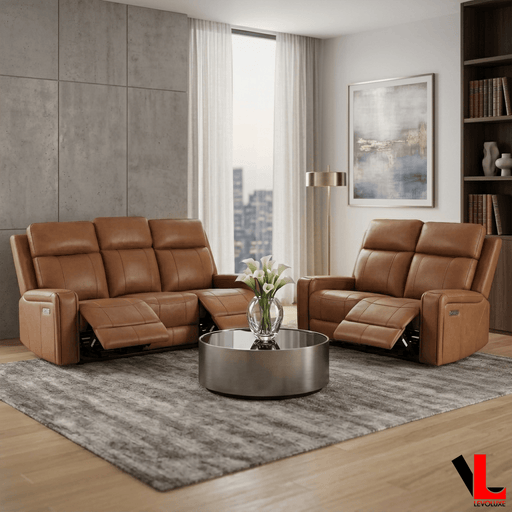 Levoluxe Sofa Set Cavron 2 Piece Power Reclining Sofa and Loveseat Set with Power Headrests in Cognac Leather Match