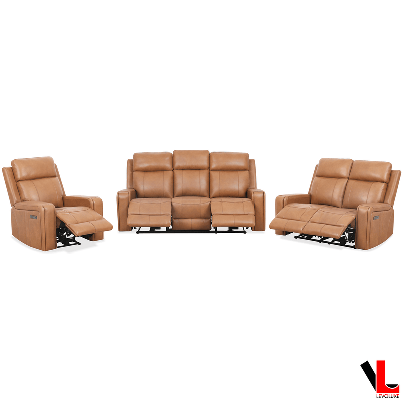 Levoluxe Sofa Set Cavron 3 Piece Power Reclining Sofa,  Loveseat and Chair Set with Power Headrests in Cognac Leather Match