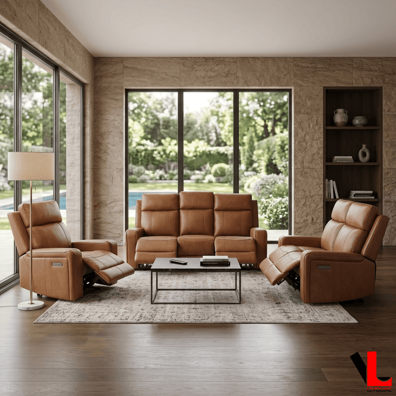 Levoluxe Sofa Set Cavron 3 Piece Power Reclining Sofa,  Loveseat and Chair Set with Power Headrests in Cognac Leather Match