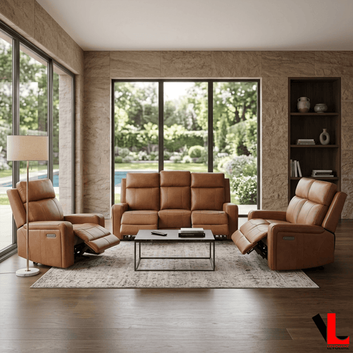 Levoluxe Sofa Set Cavron 3 Piece Power Reclining Sofa,  Loveseat and Chair Set with Power Headrests in Cognac Leather Match