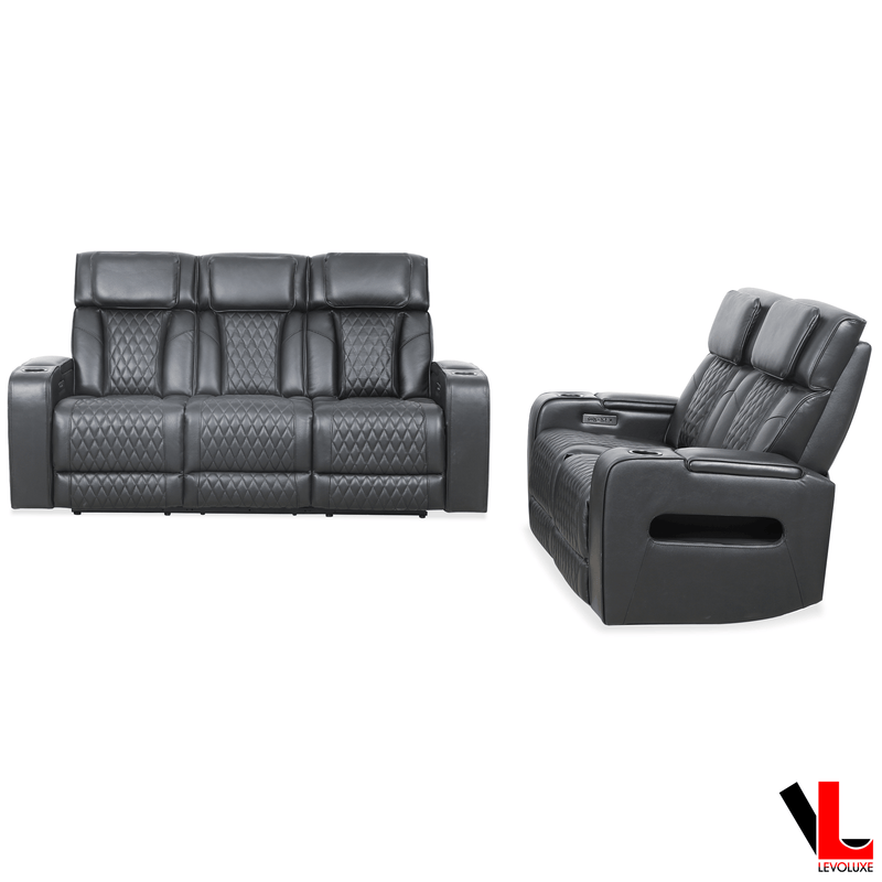Levoluxe Sofa Set Colton 2 Piece Power Reclining Sofa and Loveseat Set with Power Headrest, Cupholders and Storage in Black Leather Match