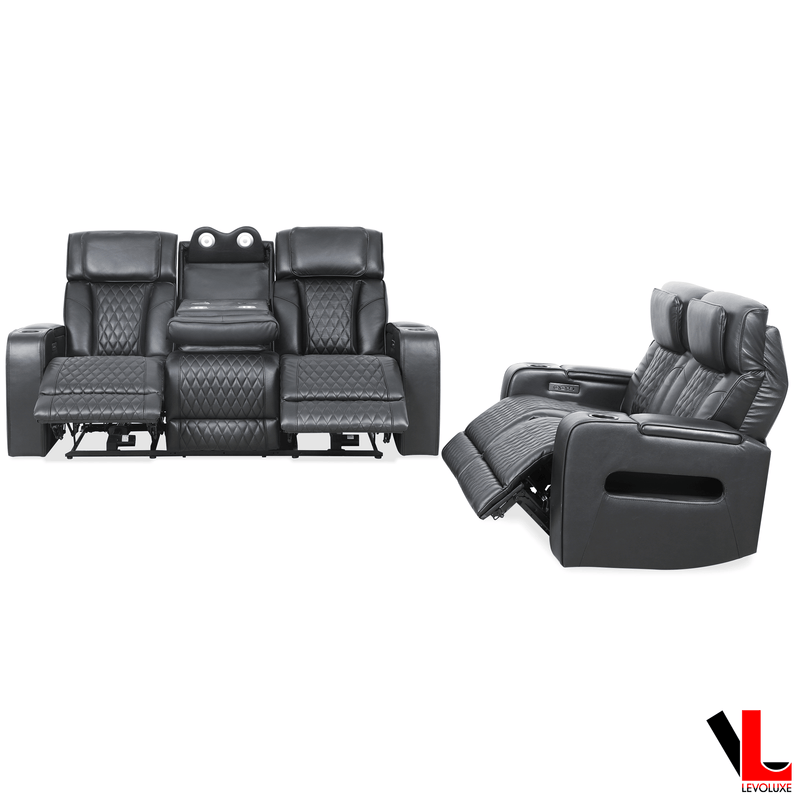 Levoluxe Sofa Set Colton 2 Piece Power Reclining Sofa and Loveseat Set with Power Headrest, Cupholders and Storage in Black Leather Match
