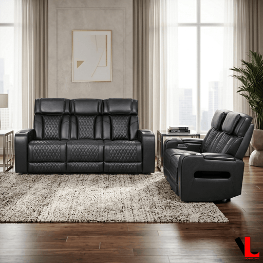 Levoluxe Sofa Set Colton 2 Piece Power Reclining Sofa and Loveseat Set with Power Headrest, Cupholders and Storage in Black Leather Match