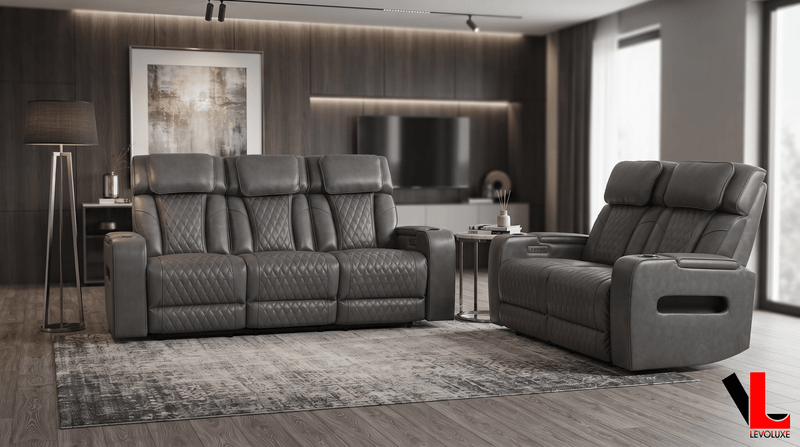 Levoluxe Sofa Set Colton 2 Piece Power Reclining Sofa and Loveseat Set with Power Headrest, Cupholders and Storage in Leather Match