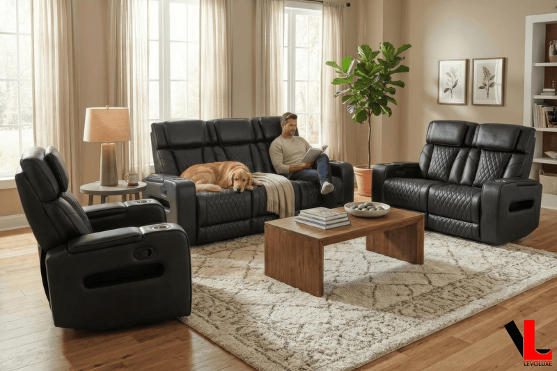 Levoluxe Sofa Set Colton 3 Piece Power Reclining Sofa, Loveseat and Chair Set with Power Headrest, Cupholders and Storage in Black Leather Match