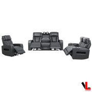 Levoluxe Sofa Set Colton 3 Piece Power Reclining Sofa, Loveseat and Chair Set with Power Headrest, Cupholders and Storage in Black Leather Match