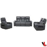 Levoluxe Sofa Set Colton 3 Piece Power Reclining Sofa, Loveseat and Chair Set with Power Headrest, Cupholders and Storage in Black Leather Match