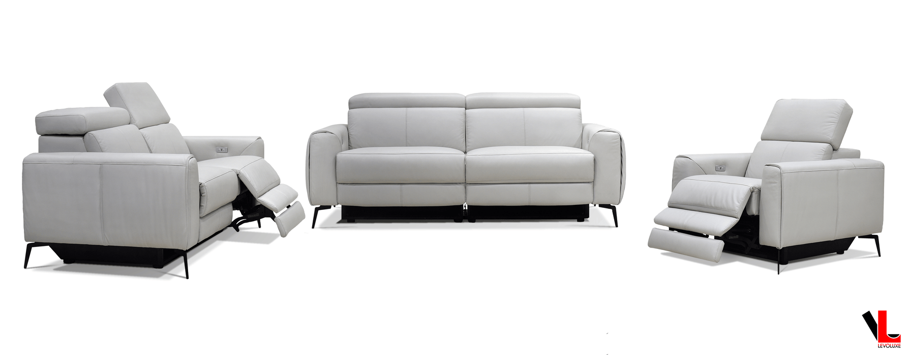 Levoluxe Sofa Set Lennox 3 Piece Power Reclining Sofa, Loveseat, and Chair Set with Adjustable Headrests in Light Grey Leather Match
