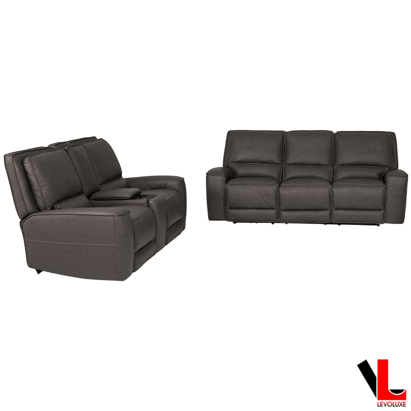 Levoluxe Sofa Set Odessa 2 Piece Power Reclining Sofa and Loveseat Set in Tex Grey Leather Match