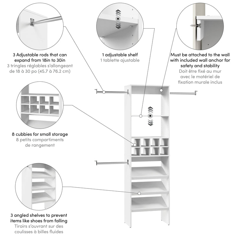 Modubox Closet Organizer Carina 24W Closet Organizer with Shoe Shelves, Clothing Rods and Cubbies in White