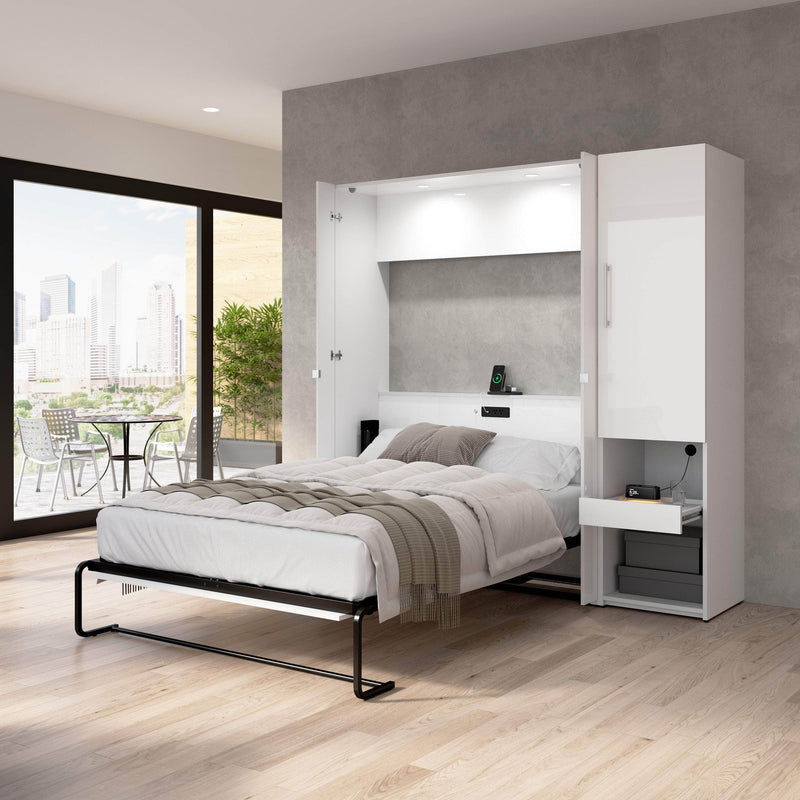 Modubox Murphy Wall Bed Avalon High Gloss Full Murphy Wall Bed and Storage Cabinet with Pull-Out Shelf in High Gloss White