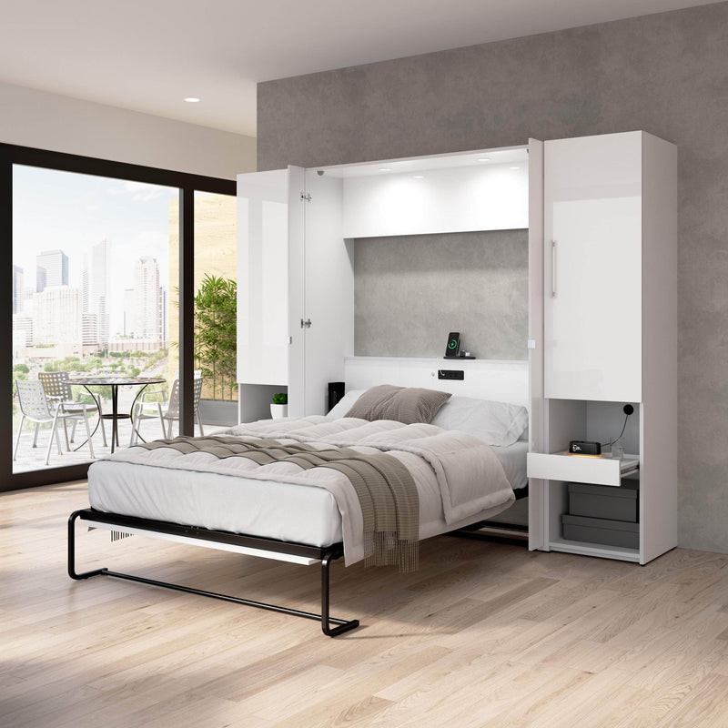Modubox Murphy Wall Bed Avalon High Gloss Full Murphy Wall Bed and Storage Cabinets with Pull-Out Shelf in High Gloss White