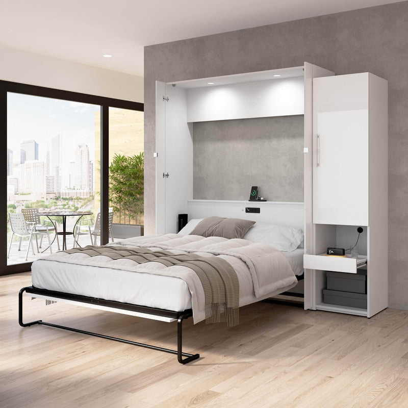 Modubox Murphy Wall Bed Avalon High Gloss Queen Murphy Wall Bed and Storage Cabinet with Pull-Out Shelf in High Gloss White