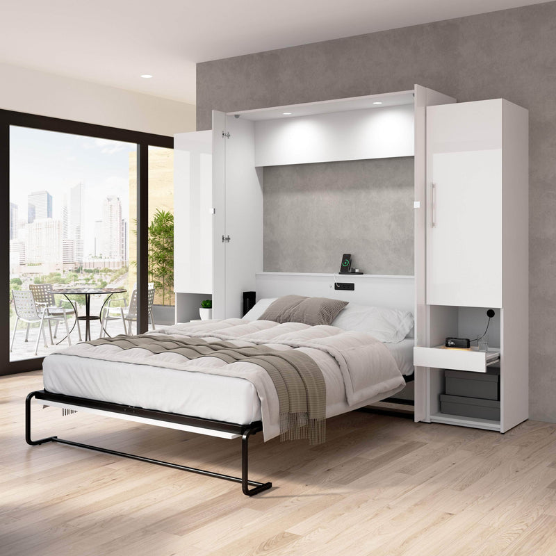 Modubox Murphy Wall Bed Avalon High Gloss Queen Murphy Wall Bed and Storage Cabinets with Pull-Out Shelf in High Gloss White