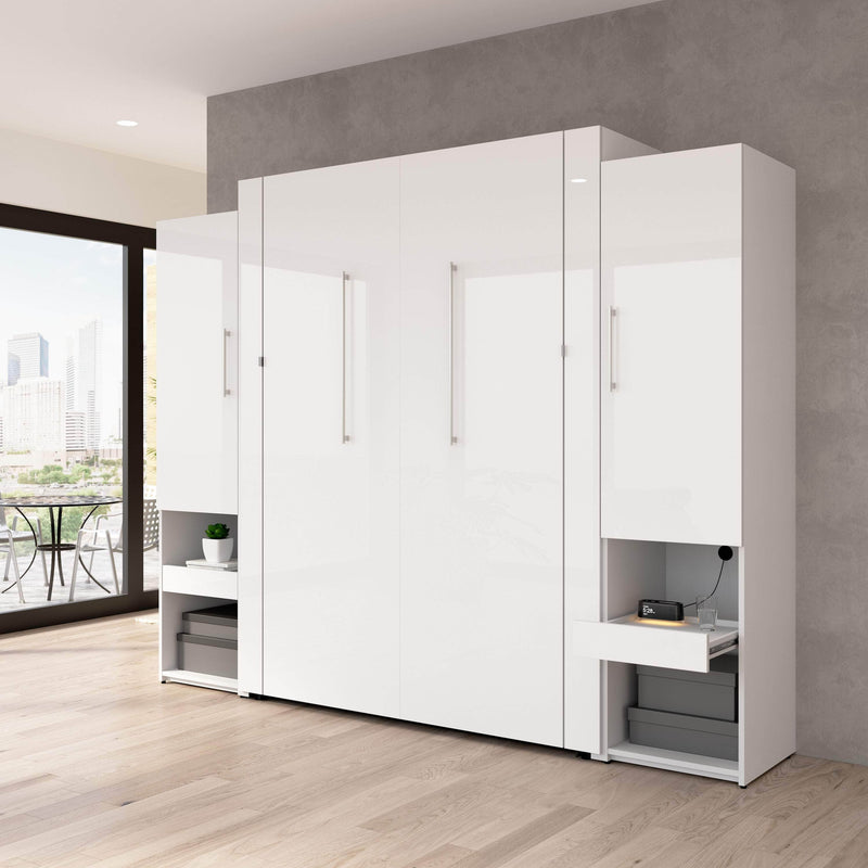 Modubox Murphy Wall Bed Avalon High Gloss Queen Murphy Wall Bed and Storage Cabinets with Pull-Out Shelf in High Gloss White