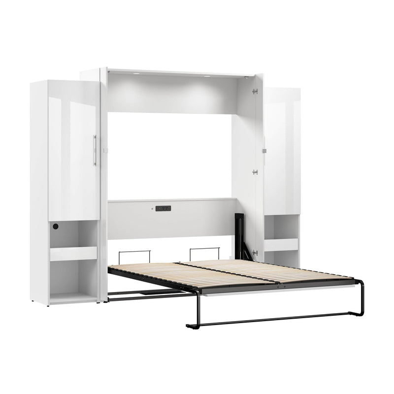 Modubox Murphy Wall Bed Avalon High Gloss Queen Murphy Wall Bed and Storage Cabinets with Pull-Out Shelf in High Gloss White