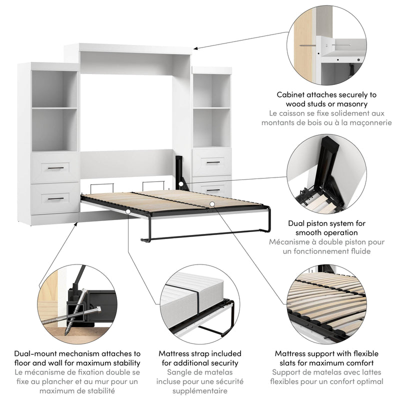 Modubox Murphy Wall Bed Edge 116W Queen Murphy Wall Bed and Closet Organizers with Drawers in White