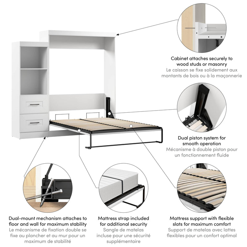 Modubox Murphy Wall Bed Edge 91W Queen Murphy Wall Bed and Closet Organizer with Drawers in White