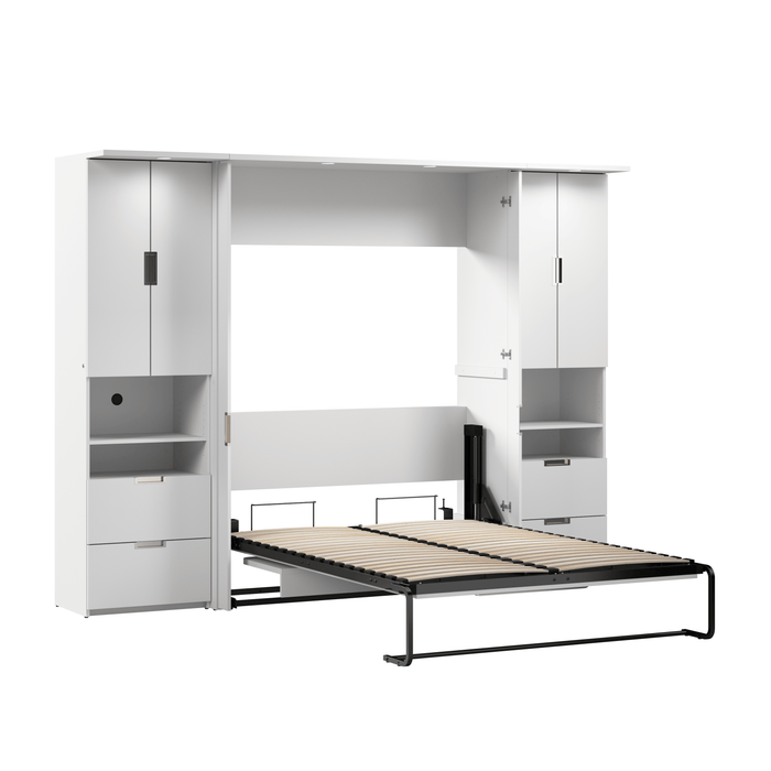 Modubox Murphy Wall Bed White Lumina Full Murphy Wall Bed with Desk and 2 Storage Units (107”) - Available in 2 Colours