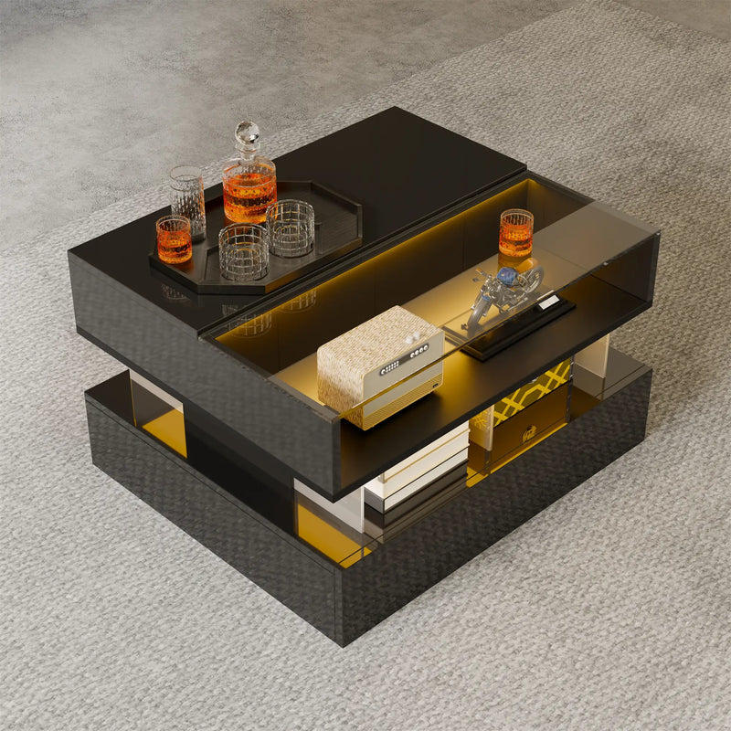 Pending - Aosom High-Gloss Coffee Table with Glass Top, Led Lighting and Adjustable Height - Available in 2 Colours