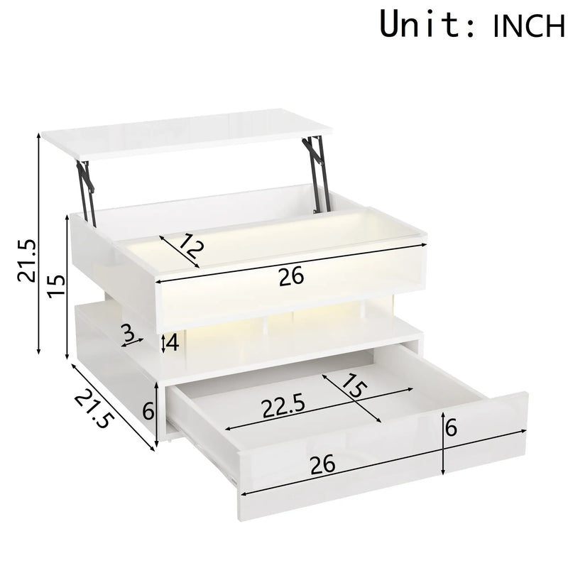 Pending - Aosom High-Gloss Coffee Table with Glass Top, Led Lighting and Adjustable Height - Available in 2 Colours
