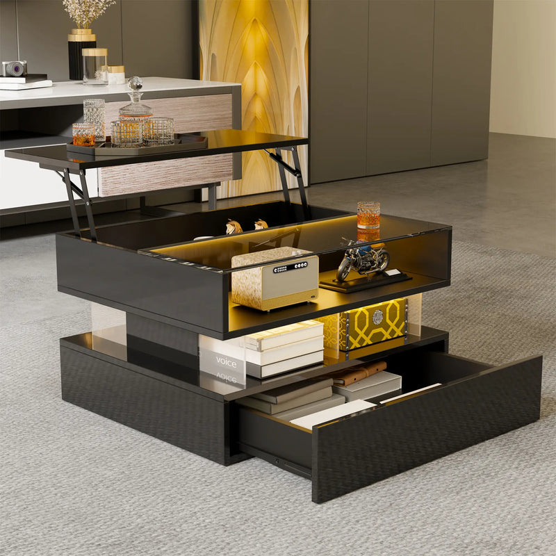 Pending - Aosom High-Gloss Coffee Table with Glass Top, Led Lighting and Adjustable Height - Available in 2 Colours