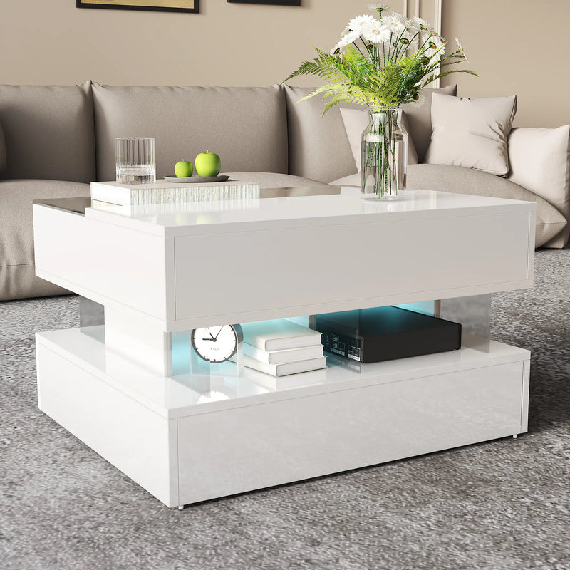 Pending - Aosom High-Gloss Coffee Table with Glass Top, Led Lighting and Adjustable Height - Available in 2 Colours