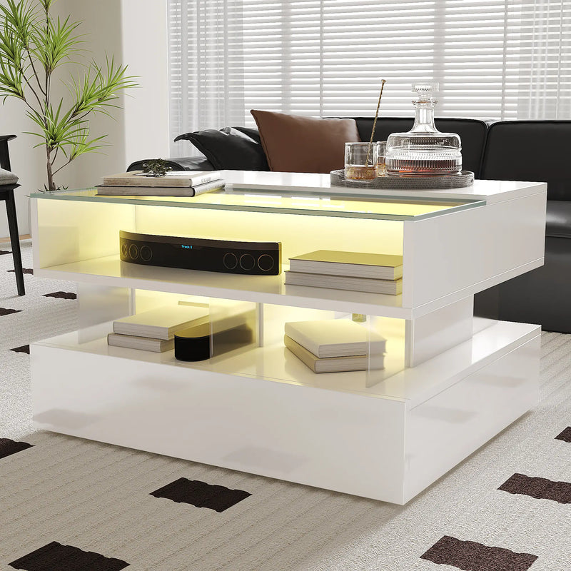 Pending - Aosom High-Gloss Coffee Table with Glass Top, Led Lighting and Adjustable Height - Available in 2 Colours