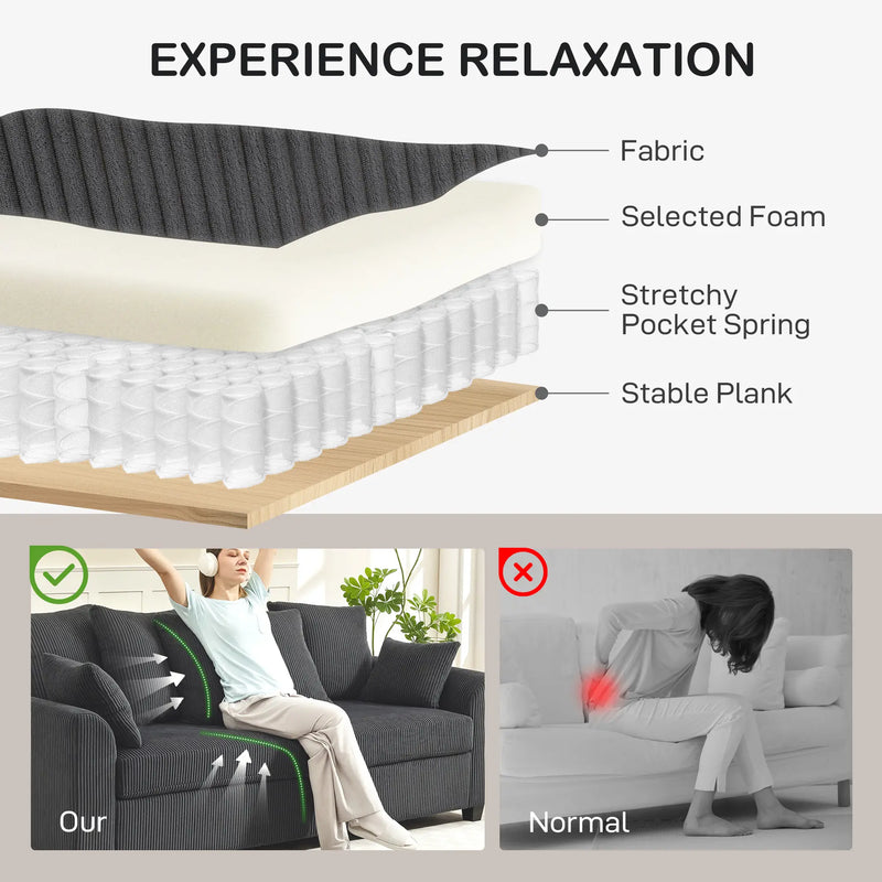 Pending - Aosom Homcom Corduroy Modern Upholstered Sofa with Curved Armrests and 8 Removable Pillows - Available in 2 Colours