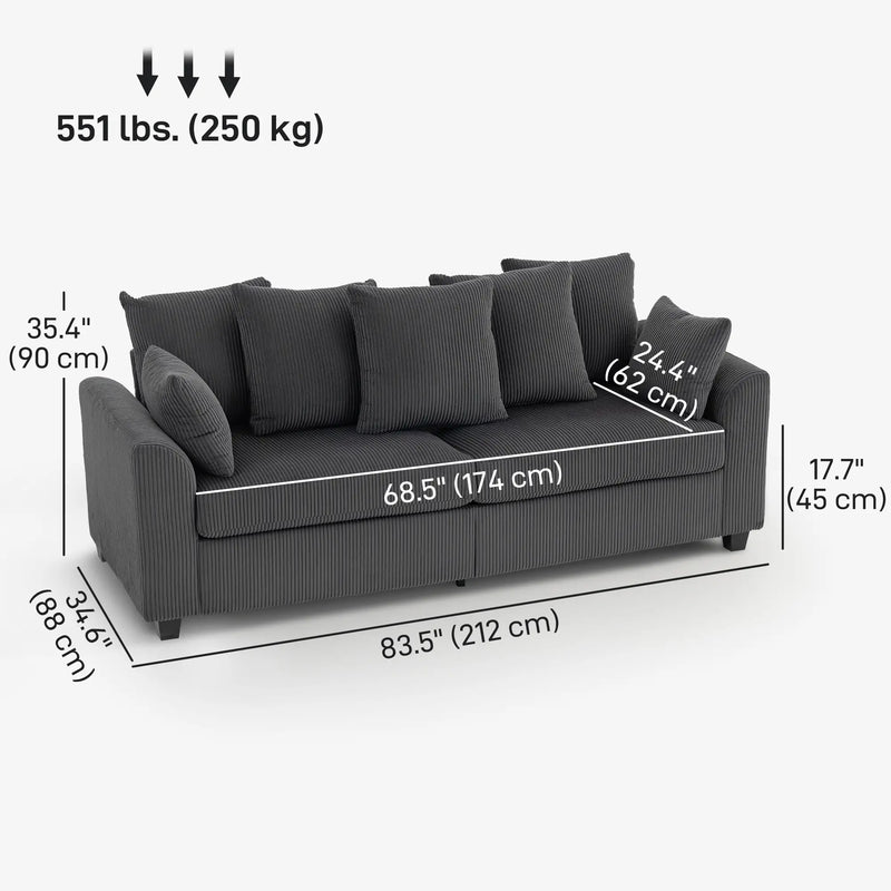 Pending - Aosom Homcom Corduroy Modern Upholstered Sofa with Curved Armrests and 8 Removable Pillows - Available in 2 Colours