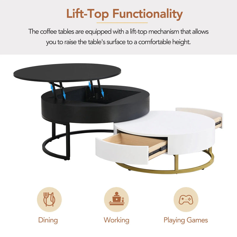 Pending - Aosom Modern Round Lift-Top Nesting Coffee Tables with Hydraulic Lifting System - Available in 2 Colours