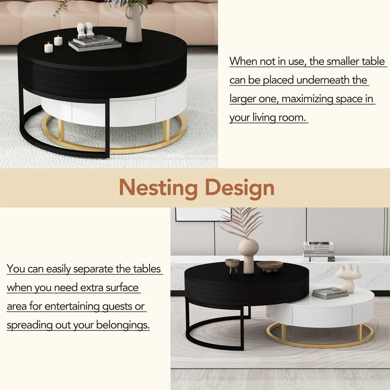 Pending - Aosom Modern Round Lift-Top Nesting Coffee Tables with Hydraulic Lifting System - Available in 2 Colours