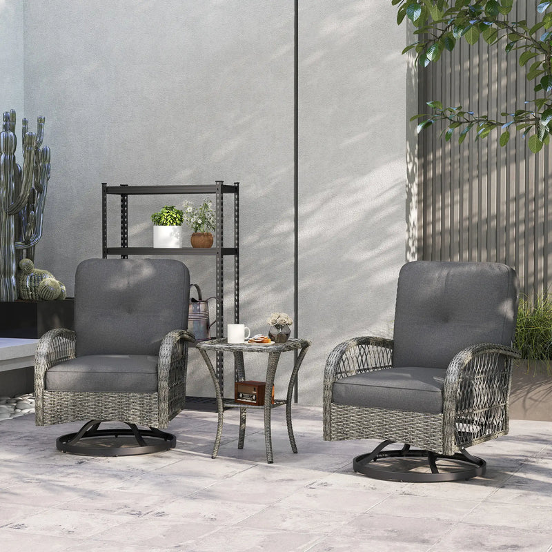 Pending - Aosom Outsunny 2 Wicker Swivel Rocking Chairs and 2-Tier Glass Coffee Table in Grey