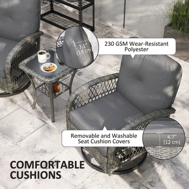 Pending - Aosom Outsunny 2 Wicker Swivel Rocking Chairs and 2-Tier Glass Coffee Table in Grey