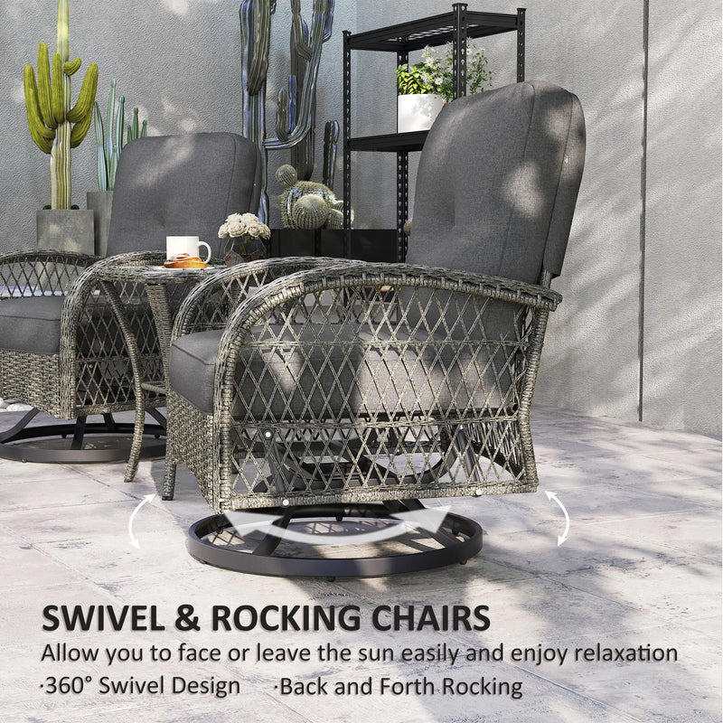 Pending - Aosom Outsunny 2 Wicker Swivel Rocking Chairs and 2-Tier Glass Coffee Table in Grey