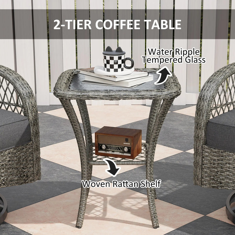 Pending - Aosom Outsunny 2 Wicker Swivel Rocking Chairs and 2-Tier Glass Coffee Table in Grey