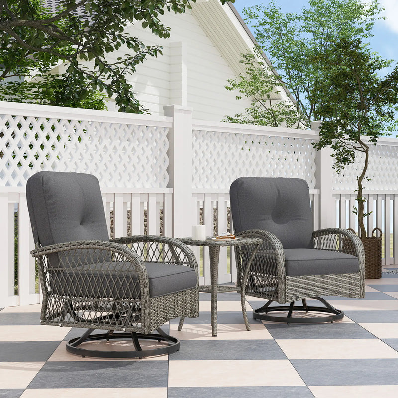 Pending - Aosom Outsunny 2 Wicker Swivel Rocking Chairs and 2-Tier Glass Coffee Table in Grey