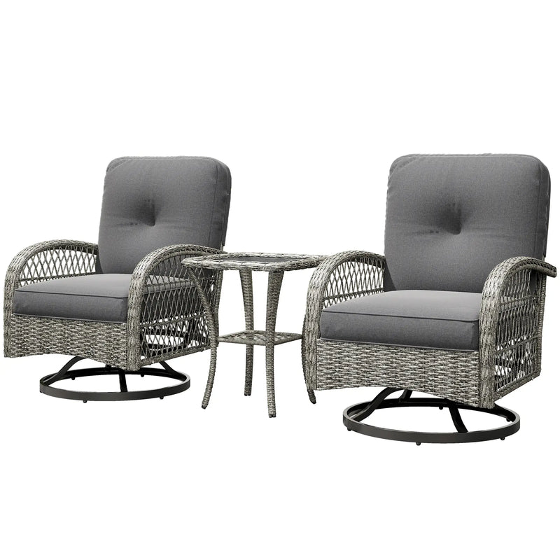Pending - Aosom Outsunny 2 Wicker Swivel Rocking Chairs and 2-Tier Glass Coffee Table in Grey