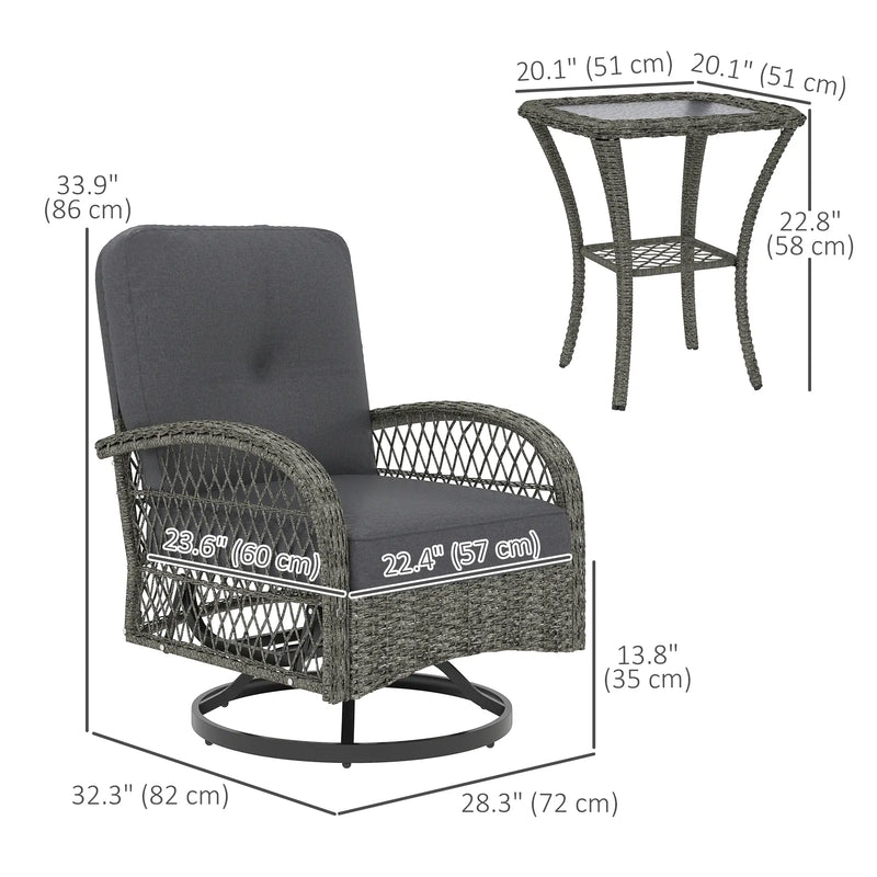 Pending - Aosom Outsunny 2 Wicker Swivel Rocking Chairs and 2-Tier Glass Coffee Table in Grey