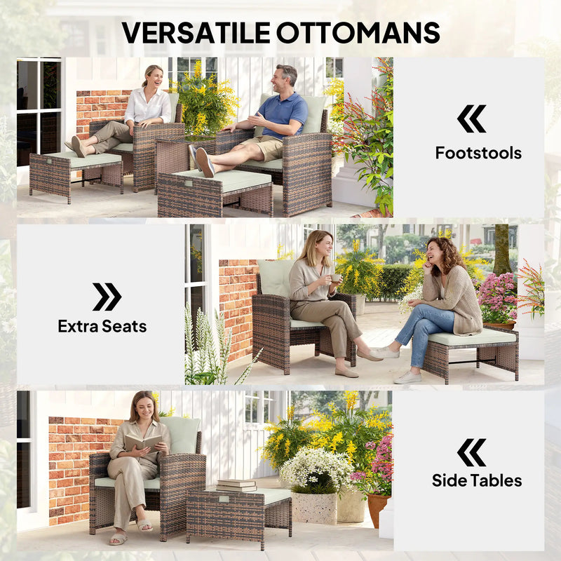 Pending - Aosom Outsunny 5-Piece Wicker Patio Furniture Set w/ Chairs, Ottomans, 2-Tier Glass Coffee Table and Cushions - Available in 6 Colours