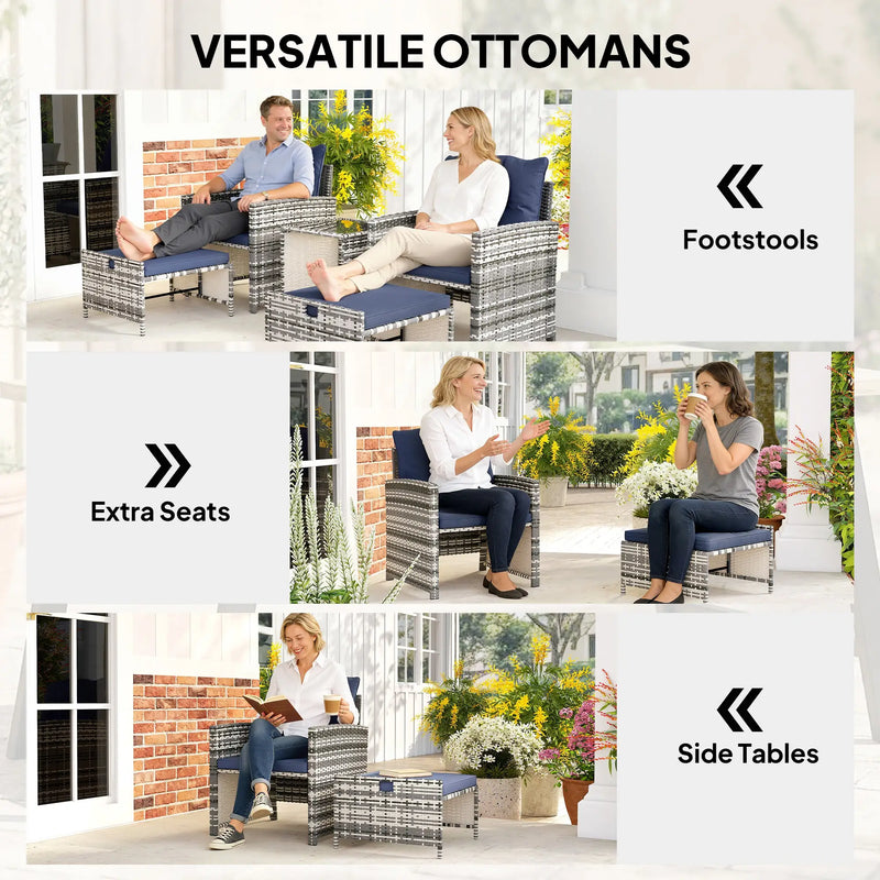 Pending - Aosom Outsunny 5-Piece Wicker Patio Furniture Set w/ Chairs, Ottomans, 2-Tier Glass Coffee Table and Cushions - Available in 6 Colours