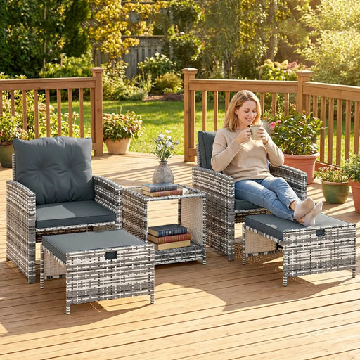Pending - Aosom Outsunny 5-Piece Wicker Patio Furniture Set w/ Chairs, Ottomans, 2-Tier Glass Coffee Table and Cushions - Available in 6 Colours