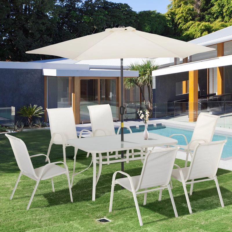 aosom patio umbrellas Aosom Outsunny Outdoor Patio 8 Piece Patio Dining Set with Umbrella, 6 Chairs and Glass Top Table — Wholesale Furniture Brokers Canada