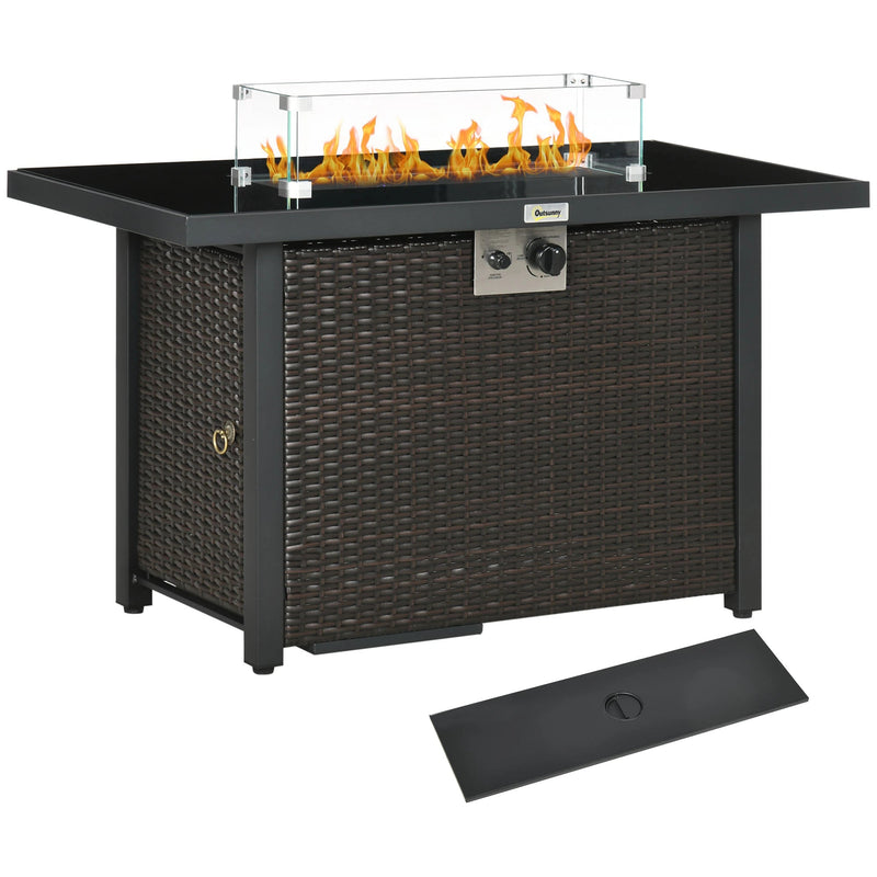 Pending - Aosom Outsunny Propane Fire Pit Table 43" Outdoor Square Fire Table, 50,000 Btu Pulse-Ignition Wicker Firepit Furniture with Glass Wind Guard, Blue Glass Rock, Csa Certification, Coffee - Available in 4 Colours