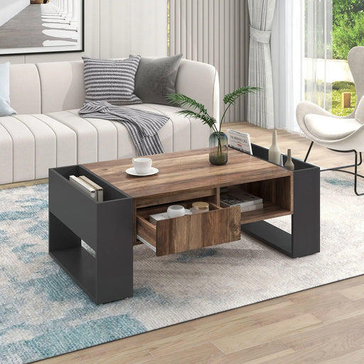 Pending - Aosom Wood Grain Coffee Table with Handleless Drawer in Grey