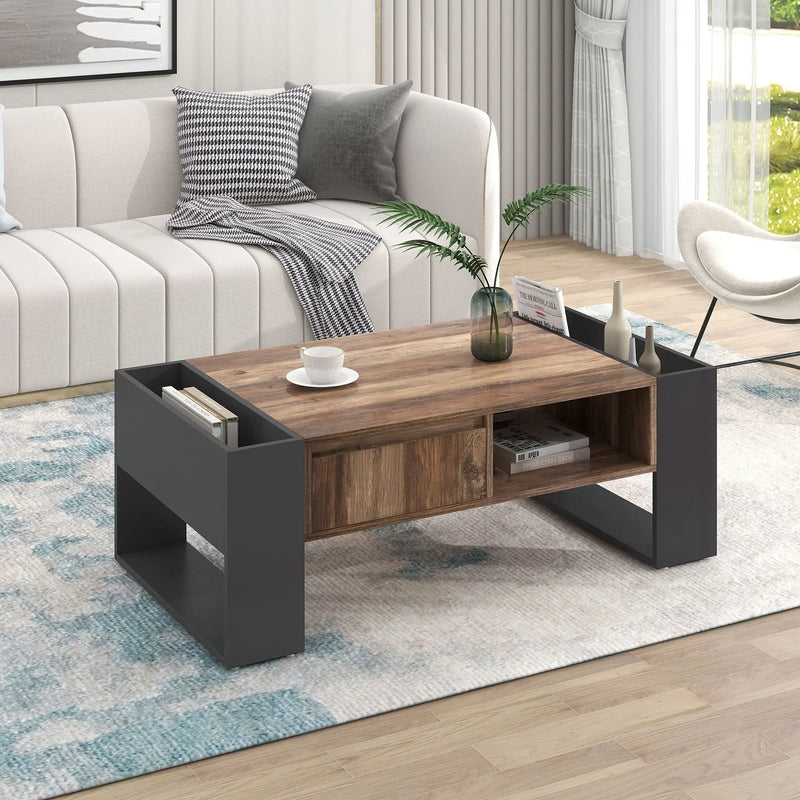 Pending - Aosom Wood Grain Coffee Table with Handleless Drawer in Grey