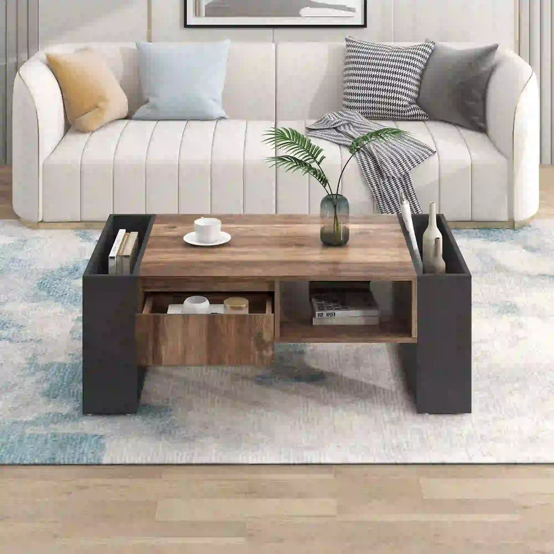 Pending - Aosom Wood Grain Coffee Table with Handleless Drawer in Grey