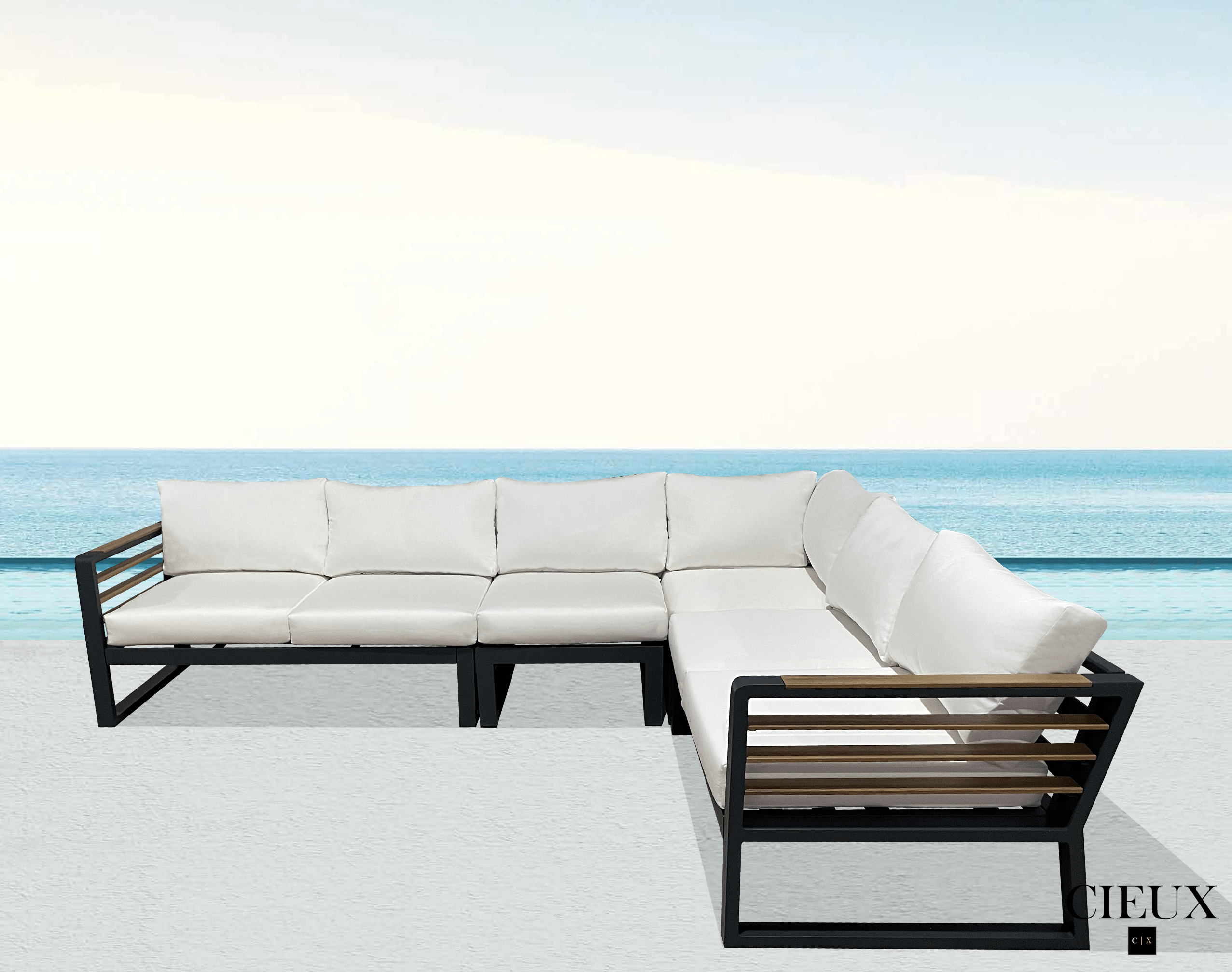 Pending - Cieux Avignon Outdoor Patio Aluminum Metal L-Shaped Sectional Sofa in Black with Sunbrella Cushions - Available in 2 Colours