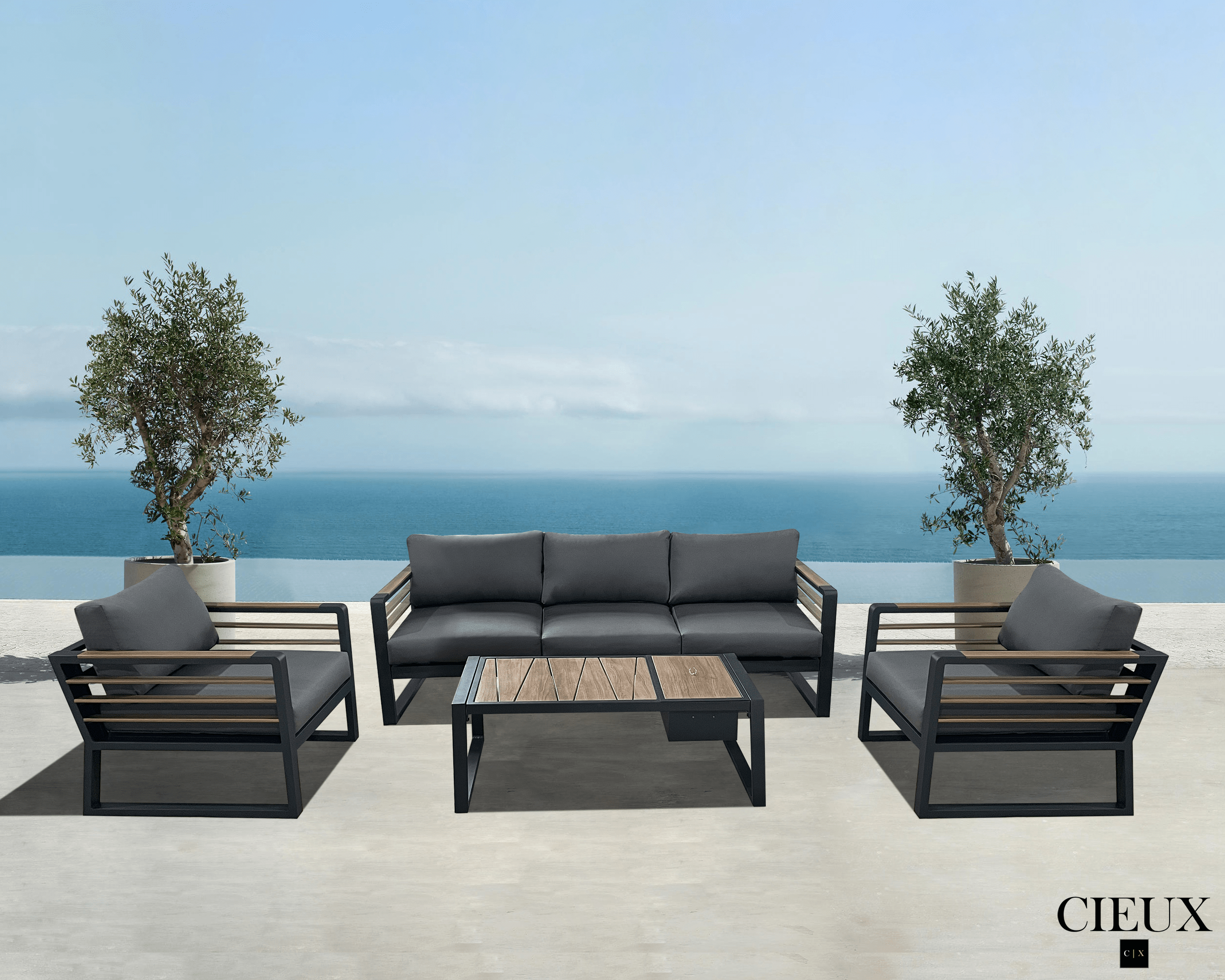 Pending - Cieux Avignon Outdoor Patio Aluminum Metal Sofa Conversation Set in Black with Sunbrella Cushions - Available in 2 Colours