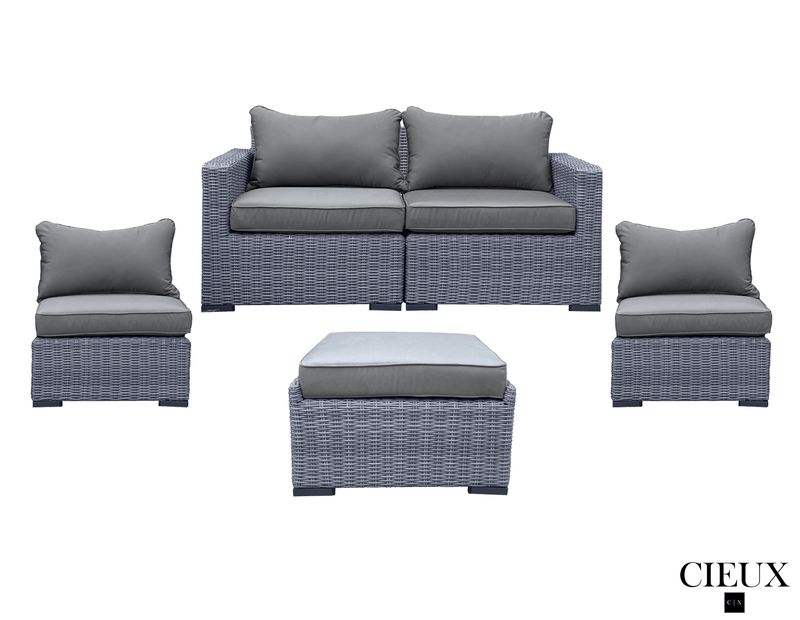 Pending - Cieux Cannes 4 Piece Outdoor Patio Wicker Loveseat, 2 Armless Chairs and Ottoman Set in Grey Wicker with Sunbrella Cushions in Canvas Charcoal